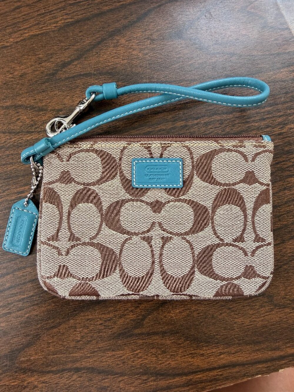 Coach Signature Khaki Wristlet (Teal Trim) — with Box & Dust Bag